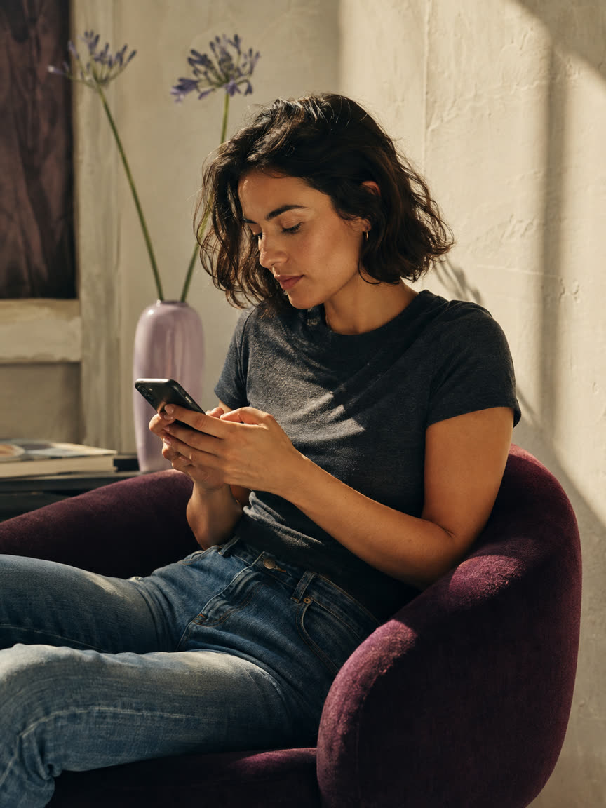 KI-generierte Illustration einer erwachsenen Frau, die aufmerksam ein Video auf ihrem Smartphone ansieht.